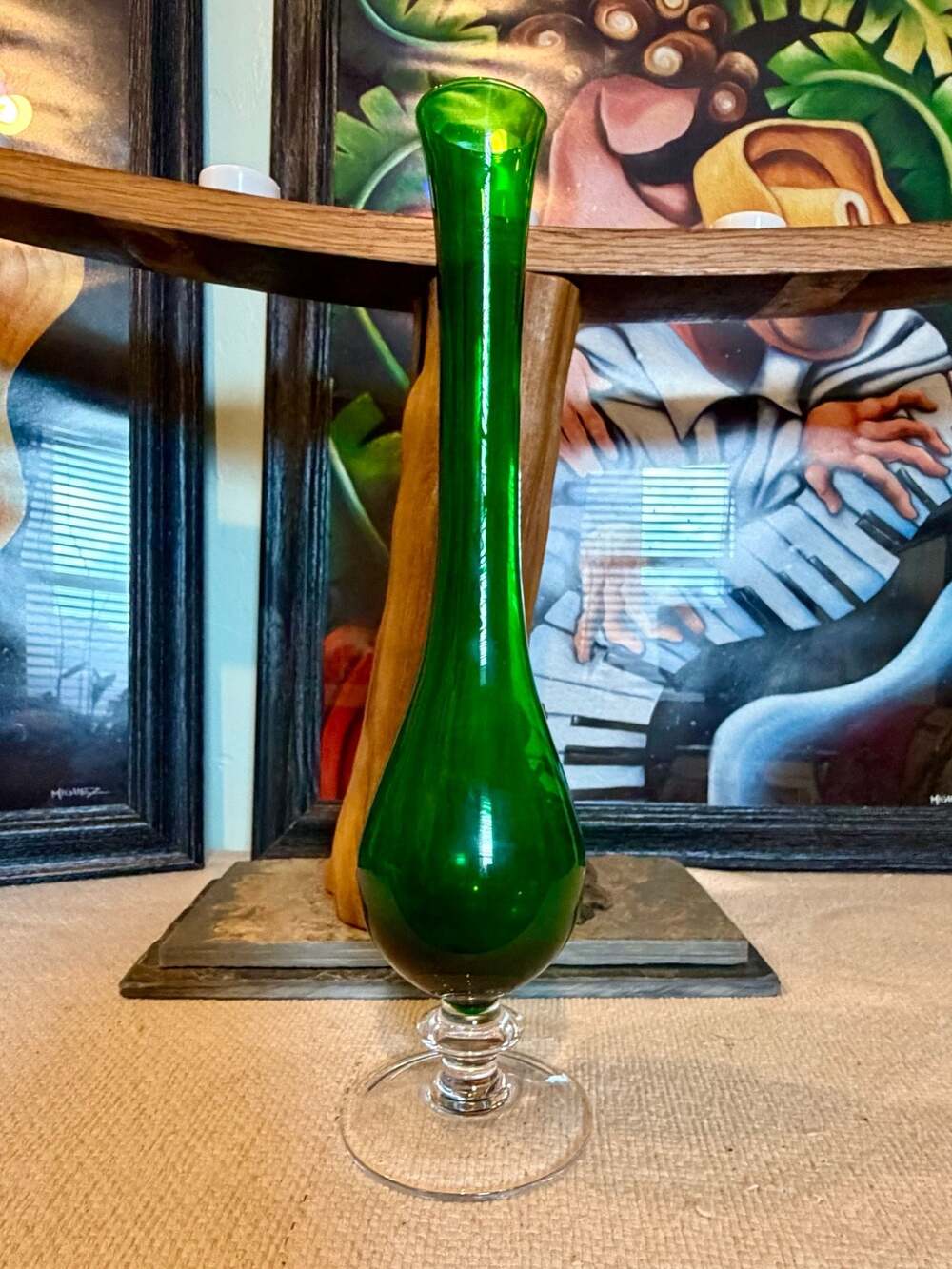 Vintage Royal Gallery Emerald Green Glass Bud Vase with Clear Pedestal Base